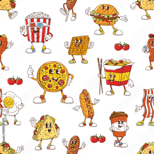 Groovy fast food characters seamless pattern. Vector fun tile restaurant menu background with cartoon retro y2k pizza, burger, fries, taco, hot dog, wok, coffee, waffle and popcorn with happy faces
