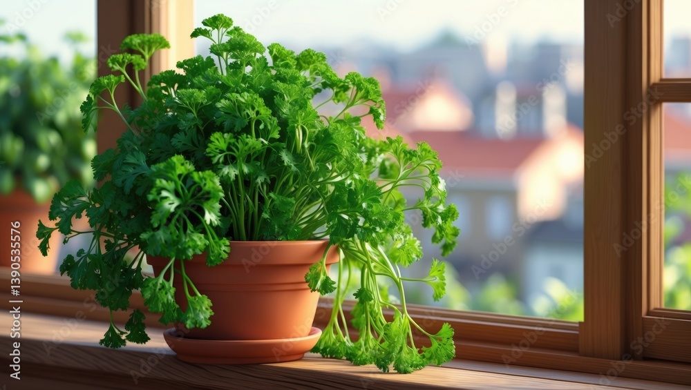 Fototapeta premium Aromatic parsley flourishing in a pot on the windowsill