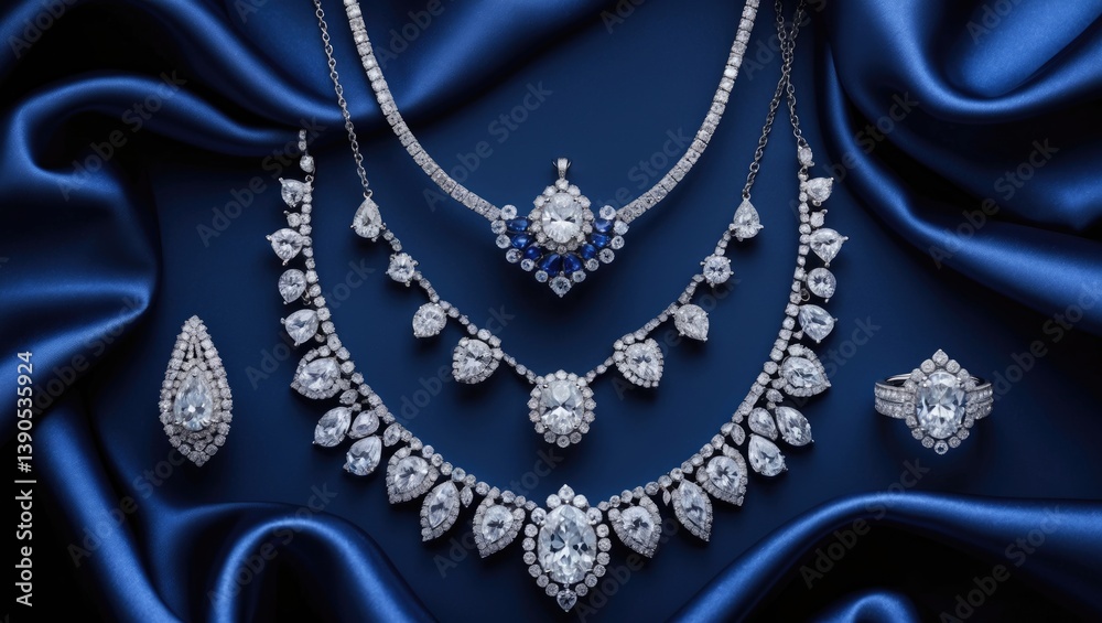 Fototapeta premium Stunning diamond jewelry displayed against a blue backdrop. Banner. Design. Overhead view.