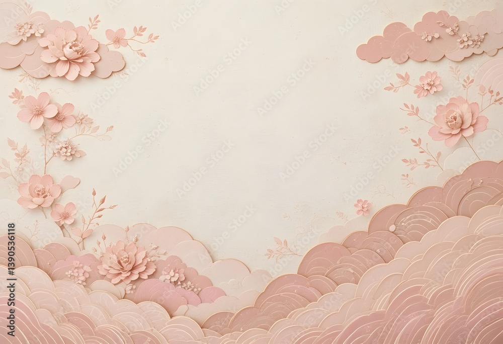 Japanese Inspired Design, Soft Pink Clouds And Waves. Floral Background For Invitations, Stationery Projects. Warm, Handcrafted Feel Creates A Calming Effect. Decorative And Intricate.