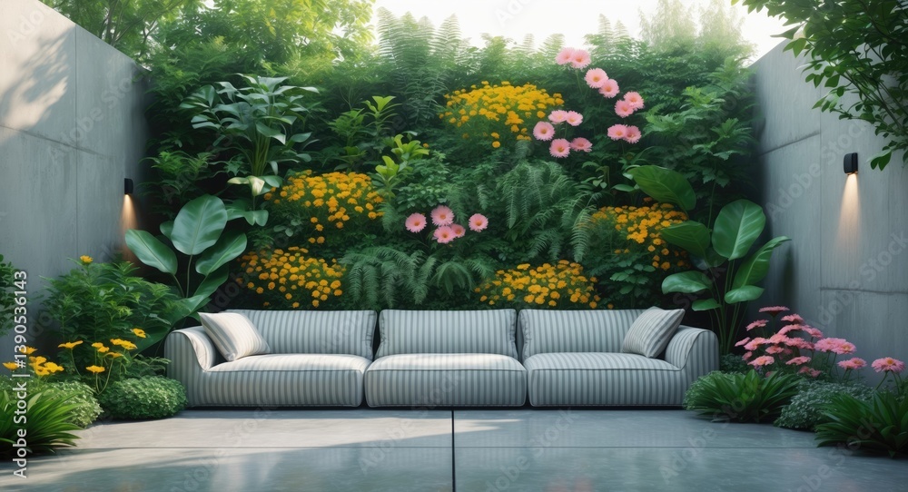 Obraz premium Lovely vertical garden with outdoor couch for a family rest area