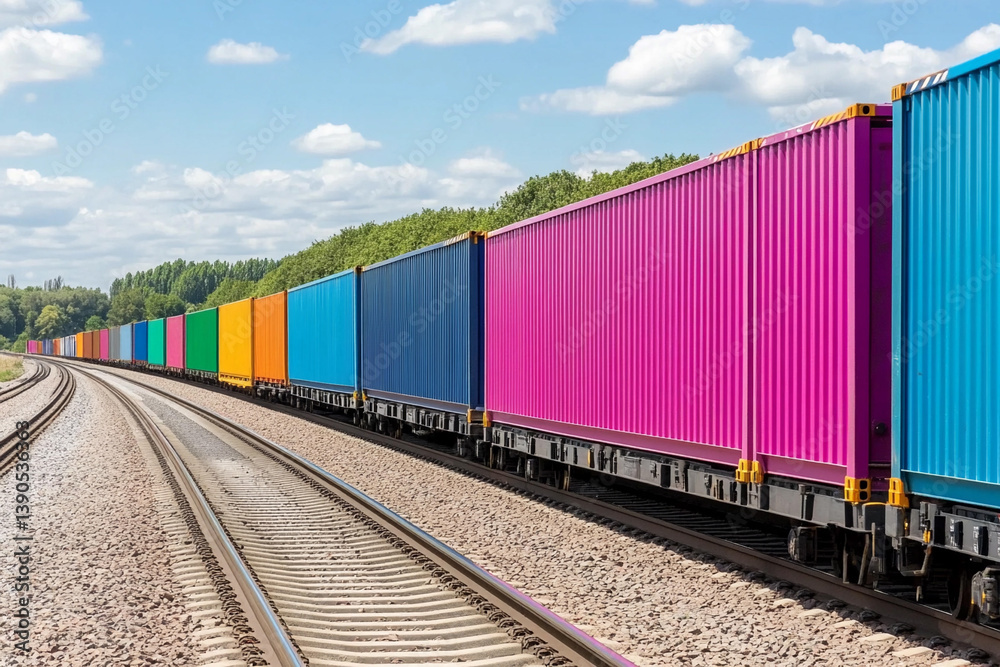 Fototapeta premium Vibrant intermodal containers transporting goods along railway tracks in a chaotic logistics setting