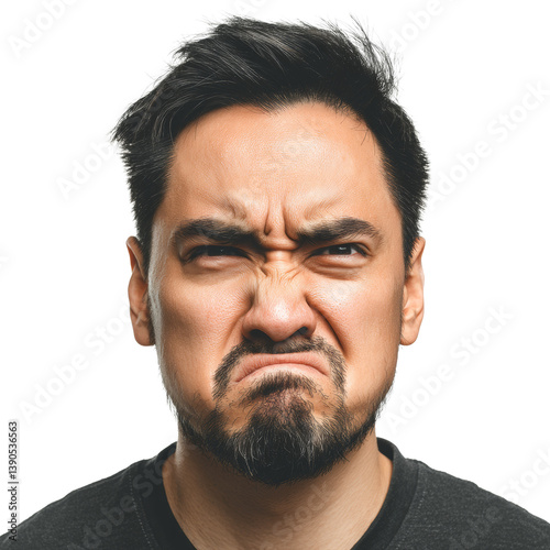 Man expressing distaste or disgust with a scrunched face, furrowed brows, and downturned mouth on black