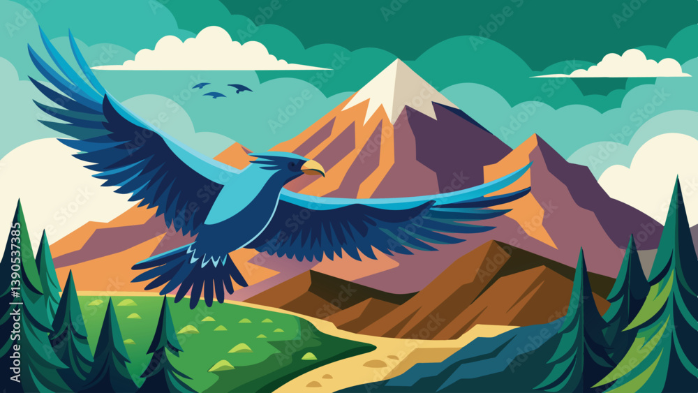 Obraz premium A blue eagle gracefully flies above scenic mountains and dense greenery, embodying the essence of wilderness in a bright, colorful backdrop filled with clouds.