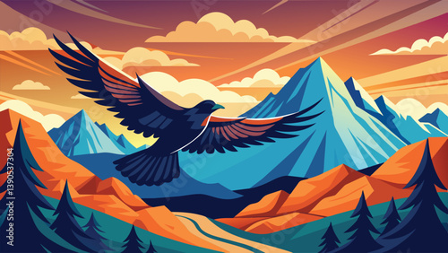 A large bird glides gracefully through the sky, surrounded by dramatic mountain peaks and a stunning sunset, with trees dotting the landscape below.
