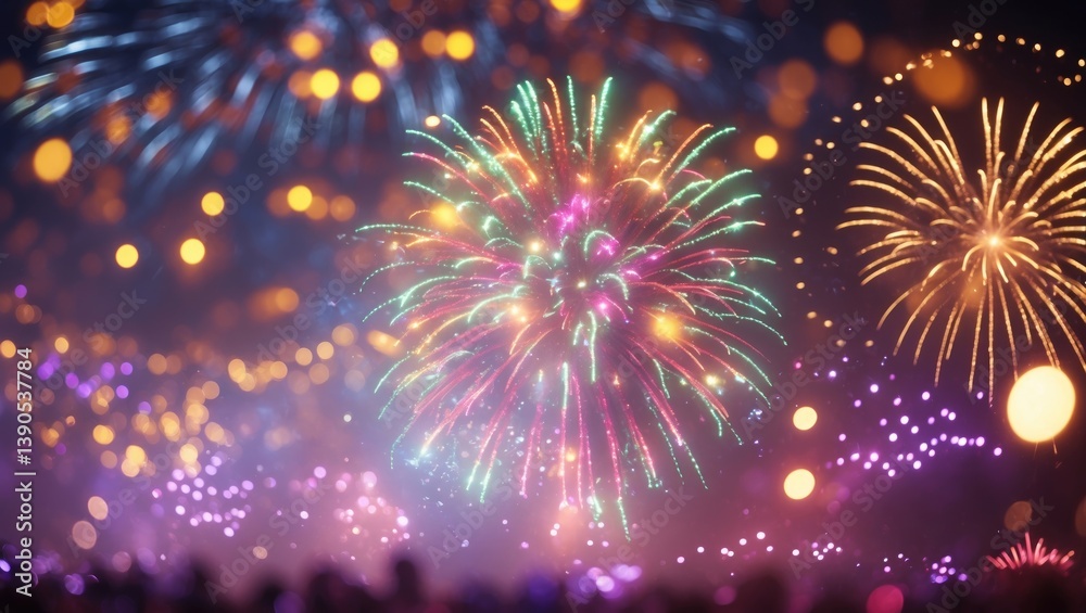 Naklejka premium Blurred Background of Festive New Year with Fireworks and Bokeh