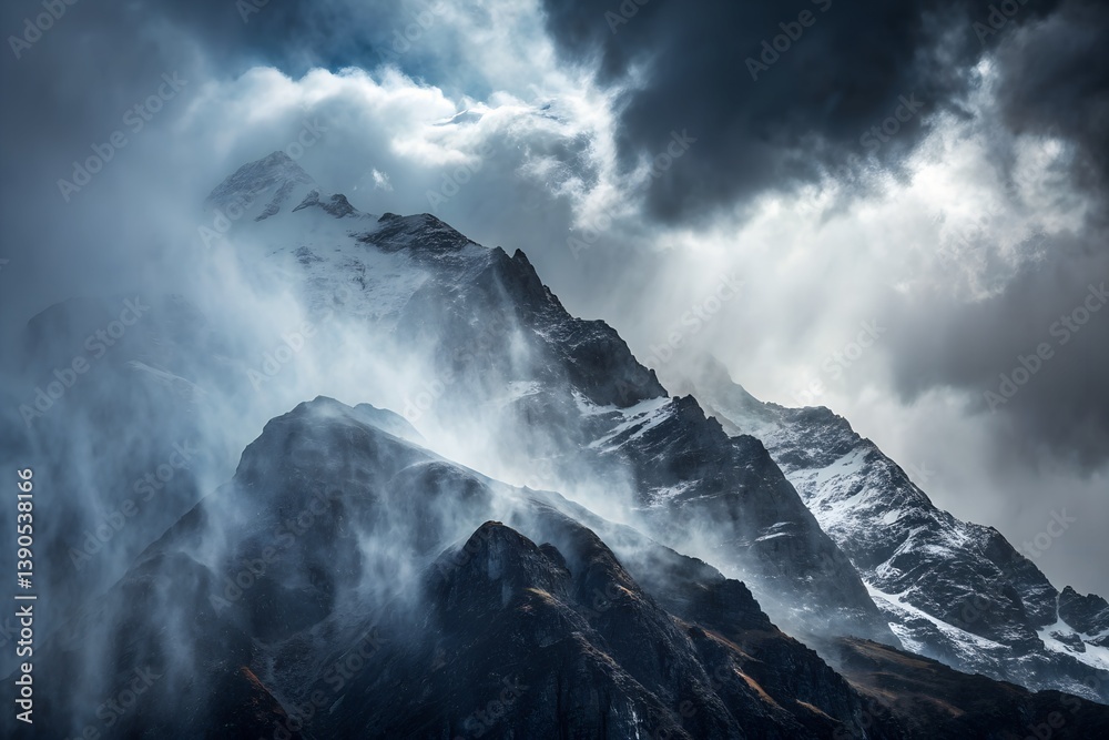 Obraz premium A dramatic mountain scene with a heavy rainstorm, mist swirling around the peaks, dark, moody clouds 