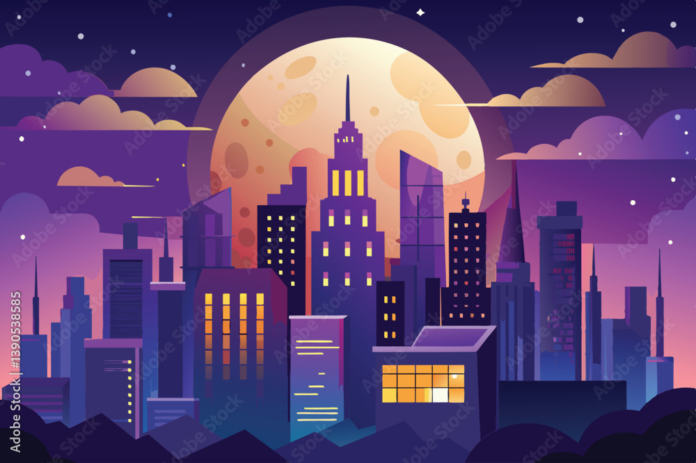 The skyline showcases a variety of geometric buildings lit by warm lights, set against a glowing full moon that highlights the colorful twilight backdrop.