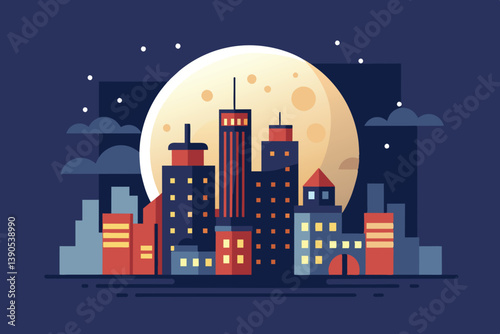 A vibrant city skyline is illuminated under a large orange moon, surrounded by a starry night sky, showcasing various building shapes and colors.
