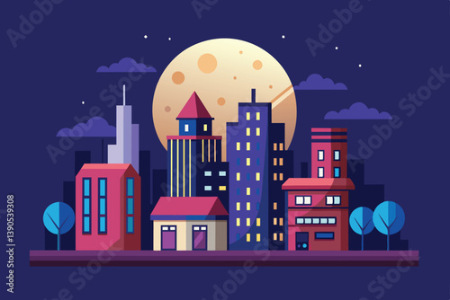 Tall buildings and quaint structures create a lively skyline illuminated by a bright full moon, showcasing the charm of urban living at night.