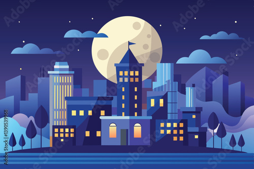 A vibrant city skyline at night is illuminated by a large moon, showcasing tall buildings, glowing windows, and gentle clouds floating above.