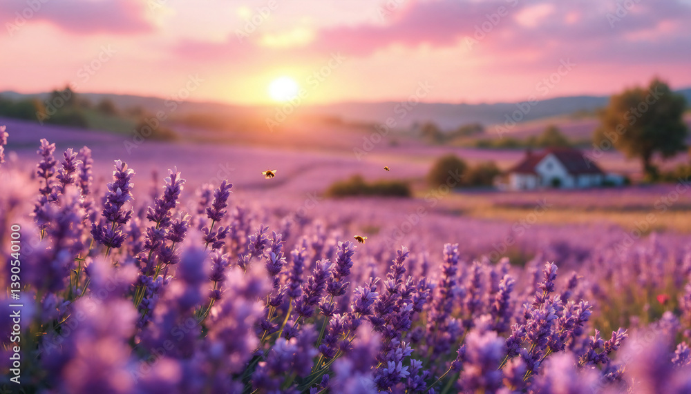 Fototapeta premium Lavender Sunset Field: A breathtaking sunset casts a warm glow over a vast field of vibrant lavender, creating a serene and picturesque landscape. A charming house sits in the distance.