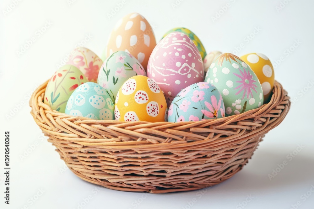Fototapeta premium Decorated easter eggs in wicker basket for spring holiday celebration time
