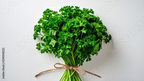 Isolated fresh parsley arrangement on white surface, viewed from above