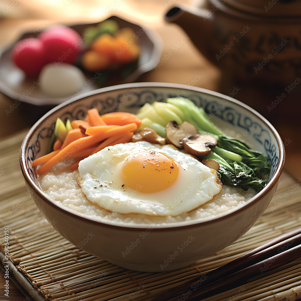 Warm bowl of congee topped with a fried egg and colorful vegetables in a cozy setting Warm bowl of congee topped with a fried egg and colorful vegetables in a cozy setting