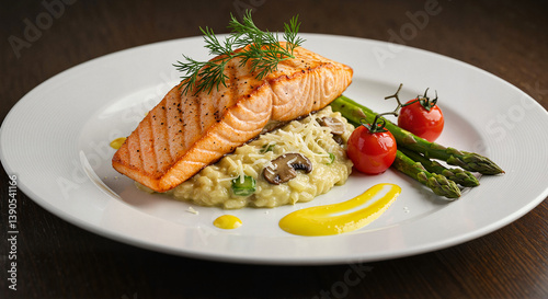 Gourmet salmon fillet with risotto and asparagus on a plate  