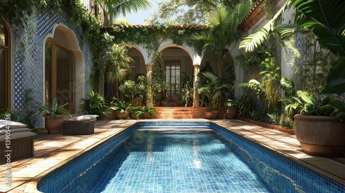 Serene Tropical Oasis with Clear Pool Surrounded by Lush Greenery and Beautiful Architecture in Sunlight