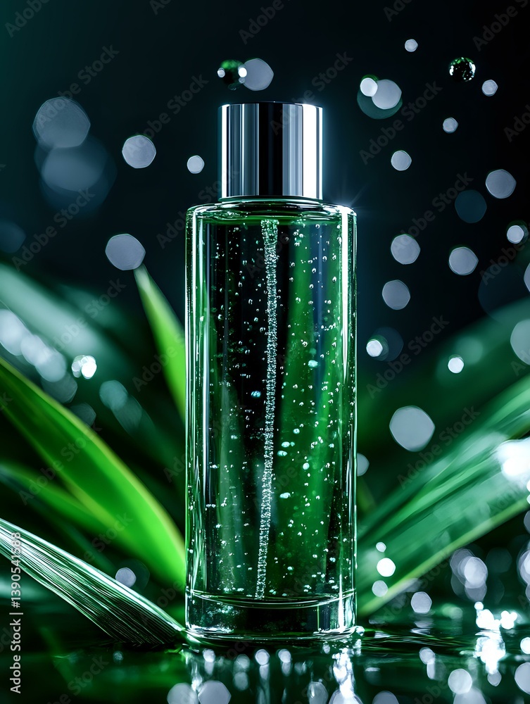 Luxury green cosmetic bottle with sparkling bubbles and metallic cap against dark background with bokeh lights and tropical leaves, elegant skincare product.