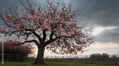 Urban scene with blooming pink-flowered tree near buildings and protective netting on a cloudy day — contrast of nature and city, spring atmosphere, moody sky and textures
