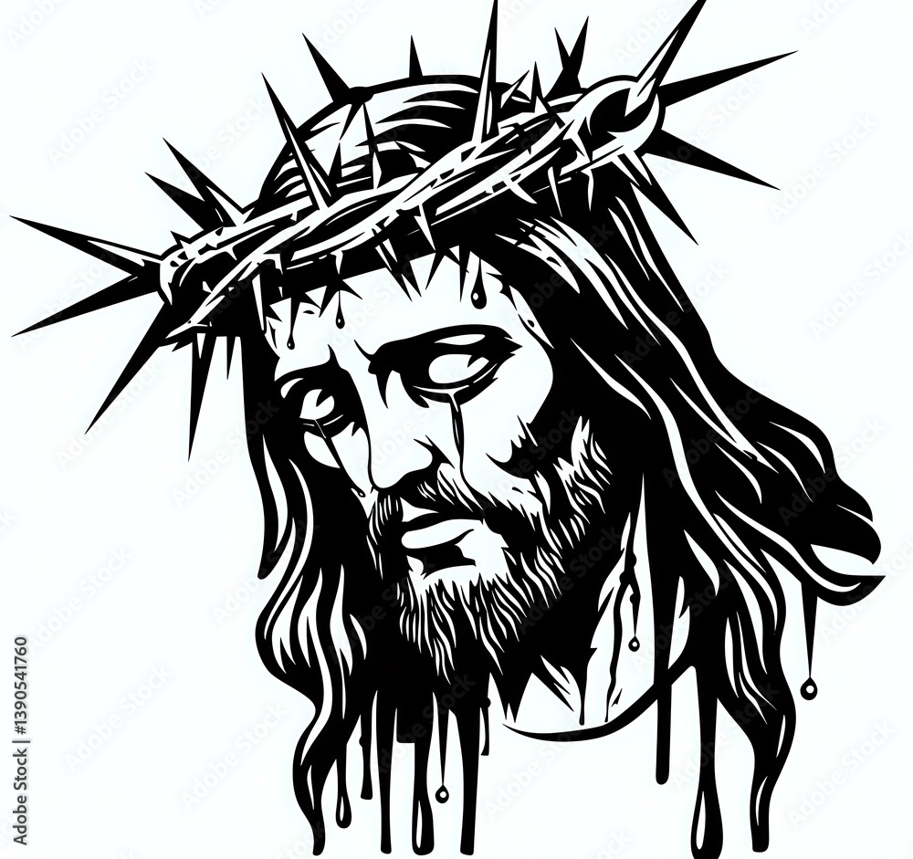 Black and white portrait of Jesus Christ wearing crown of thorns, artistic dripping ink effect style illustration on isolated background for religious designs.