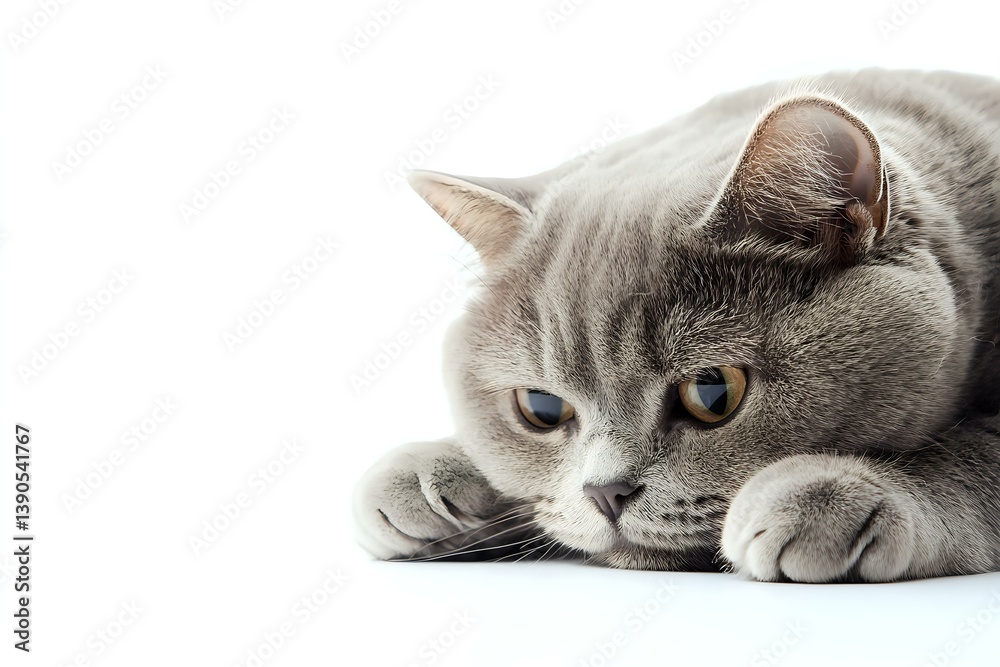 British shorthair cat with gray fur and bright eyes lying down on white background, close-up portrait view showing paws and face with copy space.