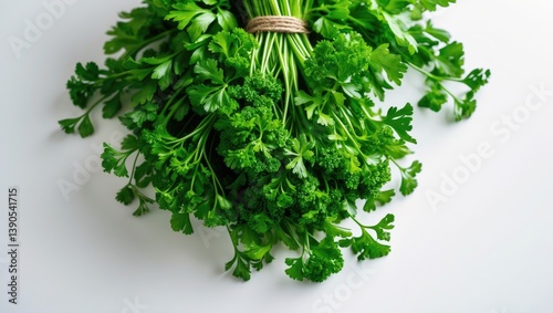 Aerial shot of fresh parsley bunch on a white backdrop
