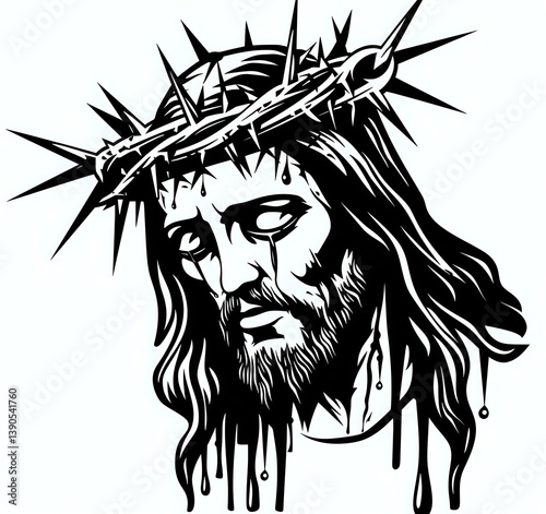 Obraz na płótnie Black and white portrait of Jesus Christ wearing crown of thorns, artistic dripping ink effect style illustration on isolated background for religious designs. w salonie