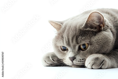 Obraz na płótnie British shorthair cat with gray fur and bright eyes lying down on white background, close-up portrait view showing paws and face with copy space. w salonie