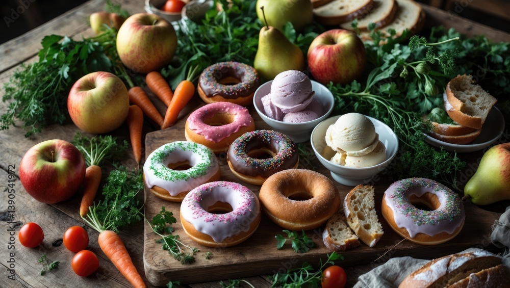 Rustic food display on a wooden table featuring donuts, dips, pears, apples, leafy greens, and various vegetables. Organic farm-fresh vibe with a wooden cutting board. Inviting picnic layout. Rustic food display on a wooden table featuring donuts, dips, pears, apples, leafy greens, and various vegetables. Organic farm-fresh vibe with a wooden cutting board. Inviting picnic layout.
