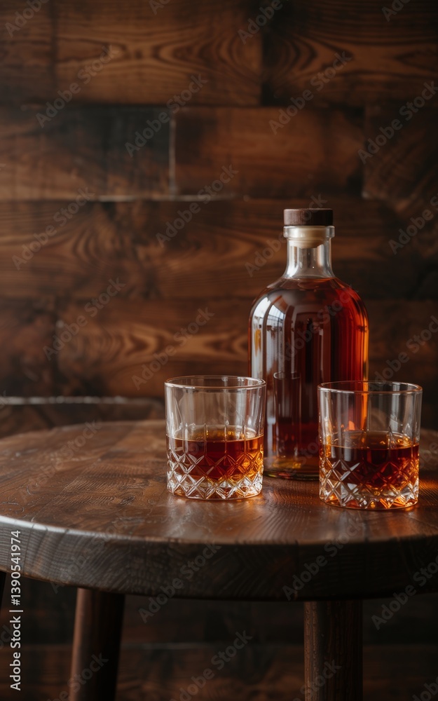 Classic whiskey presentation against a wooden backdrop creates a cozy, vintage vibe. Classic whiskey presentation against a wooden backdrop creates a cozy, vintage vibe.