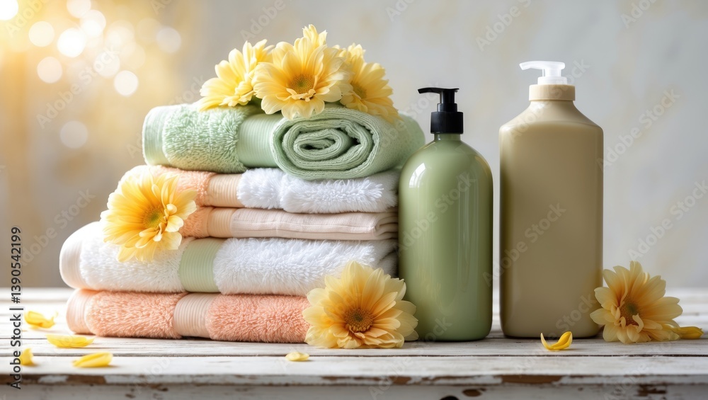 Laundry detergent bottles, soft towels, and gorgeous flowers arranged on a white wooden table Laundry detergent bottles, soft towels, and gorgeous flowers arranged on a white wooden table