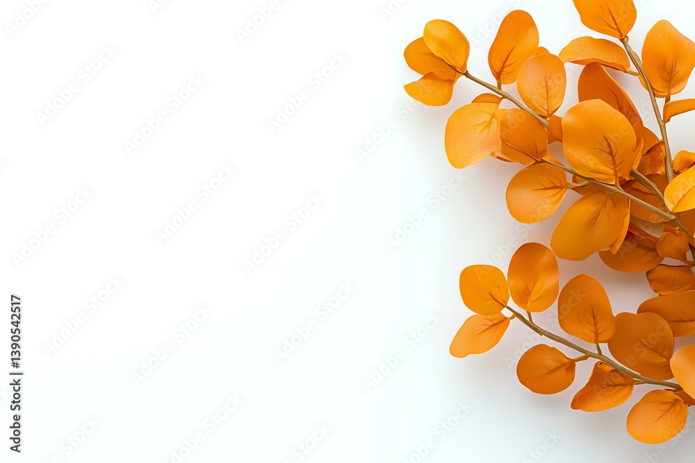 Orange autumn leaves branch on white background, natural seasonal foliage pattern with copy space for text, isolated botanical design element.