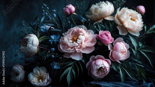 Fototapeta Naklejka Na Ścianę i Meble -  Arrangement of pink peonies on a dark backdrop