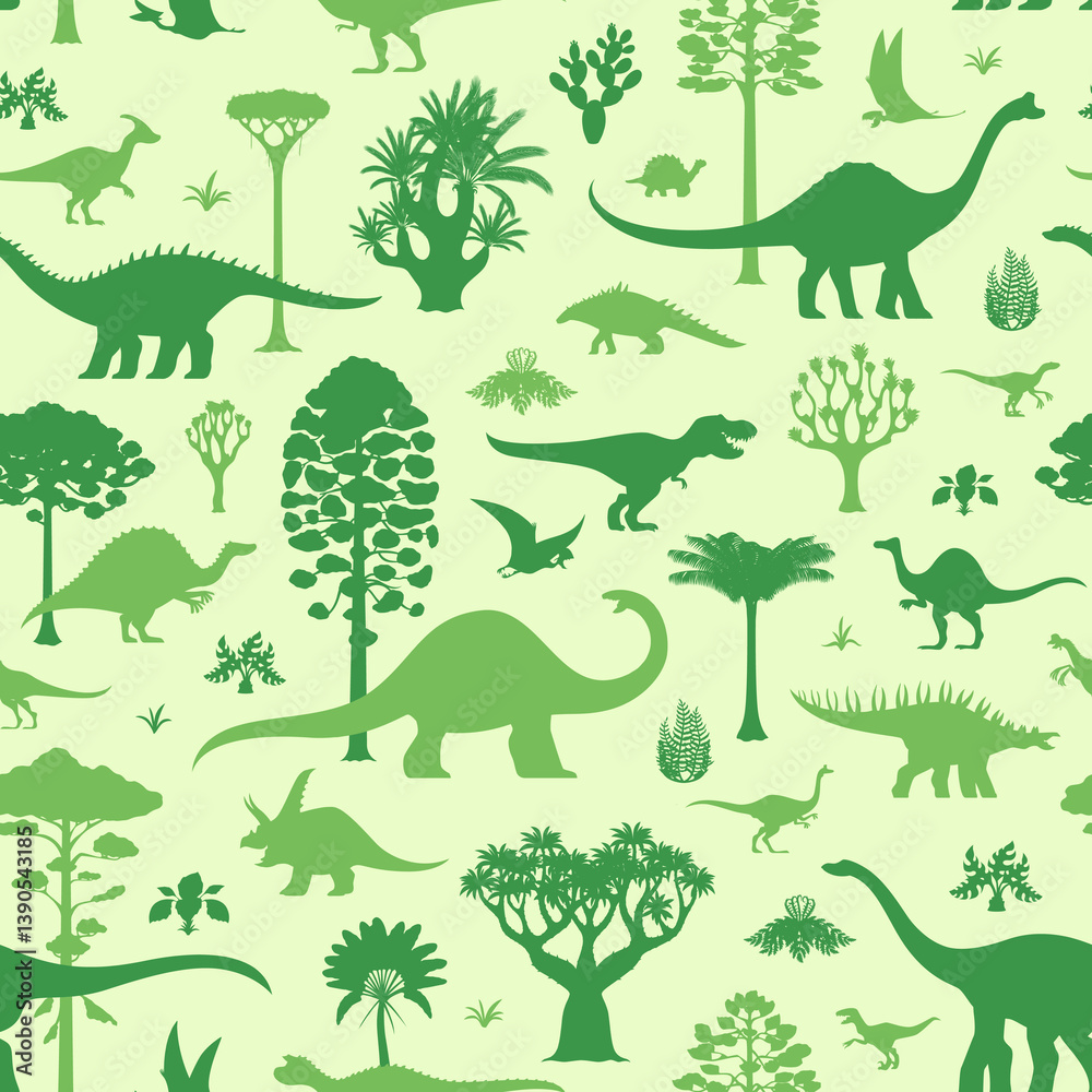 Fototapeta premium Dinosaur characters seamless pattern of Jurassic lizards and reptiles, vector background. Cartoon dino pattern with green trees and palm jungle, pterodactyl and giant dinosaurs for kids background