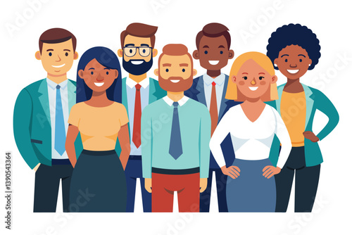 Obraz na płótnie Seven professionals with varying backgrounds are smiling and standing together in a modern office space, showcasing teamwork and collaboration in a corporate environment. w salonie