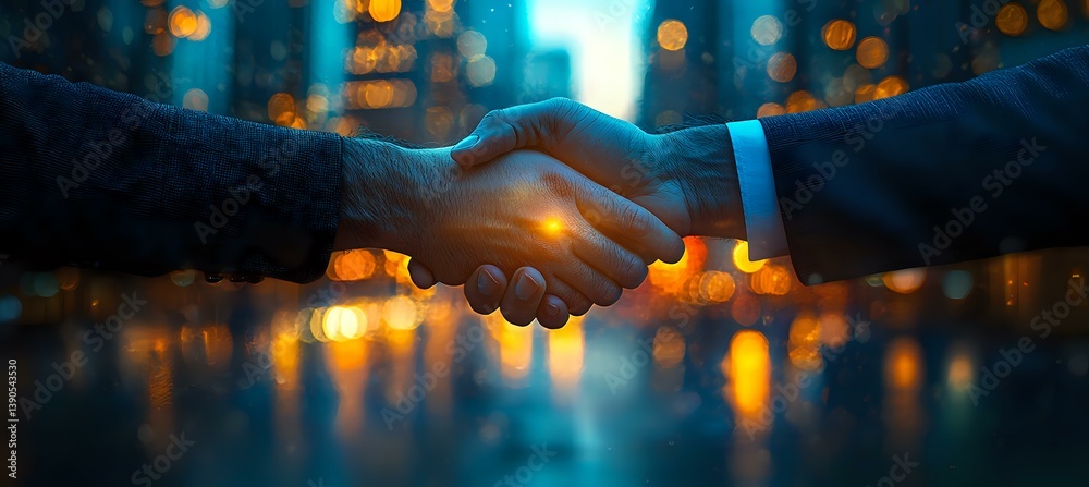 Business handshake silhouette against urban night cityscape with glowing bokeh lights, symbolizing partnership and successful deal making in corporate world.