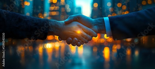 Obraz na płótnie Business handshake silhouette against urban night cityscape with glowing bokeh lights, symbolizing partnership and successful deal making in corporate world. w salonie