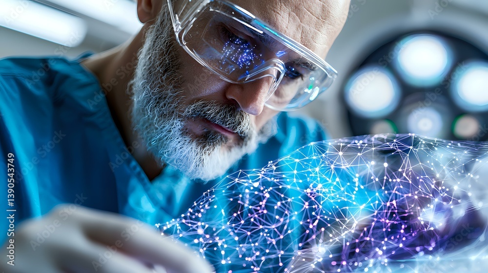 Senior Caucasian male scientist with gray beard wearing protective glasses examines glowing neural network hologram in modern laboratory setting.