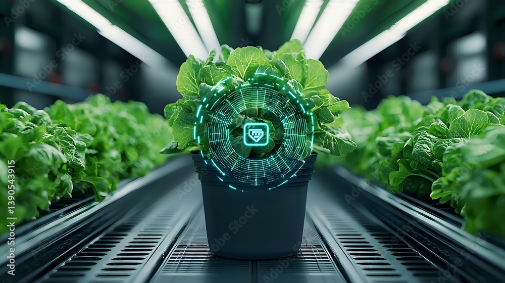 Futuristic smart farming concept showing digital hologram interface over lettuce plants in modern hydroponic greenhouse. Agricultural technology monitoring growth.
