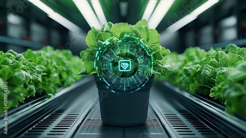Obraz na płótnie Futuristic smart farming concept showing digital hologram interface over lettuce plants in modern hydroponic greenhouse. Agricultural technology monitoring growth. w salonie