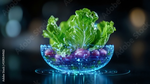 Obraz na płótnie Fresh green lettuce leaves and purple onions in glowing blue glass bowl with magical light effects and water ripples on dark background with bokeh. w salonie