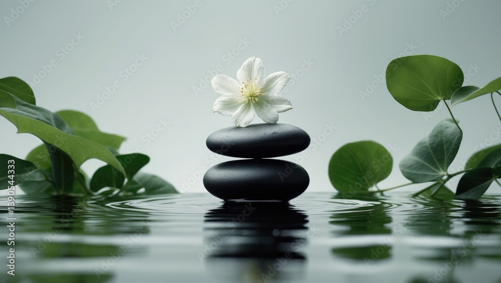 Obraz premium White flower and spa stones placed in water.