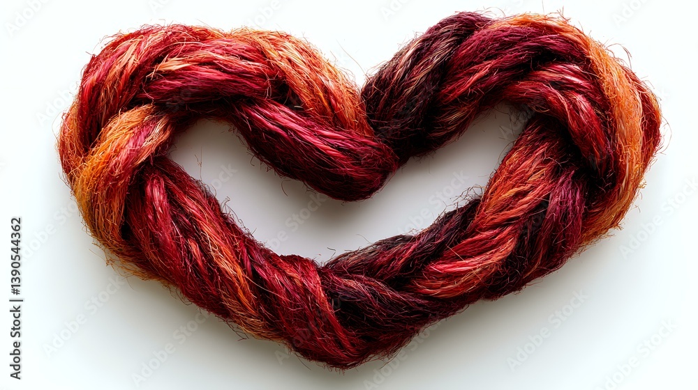 Red and orange braided yarn twisted into heart shape on white background, isolated object for craft, hobby and Valentine's Day designs.