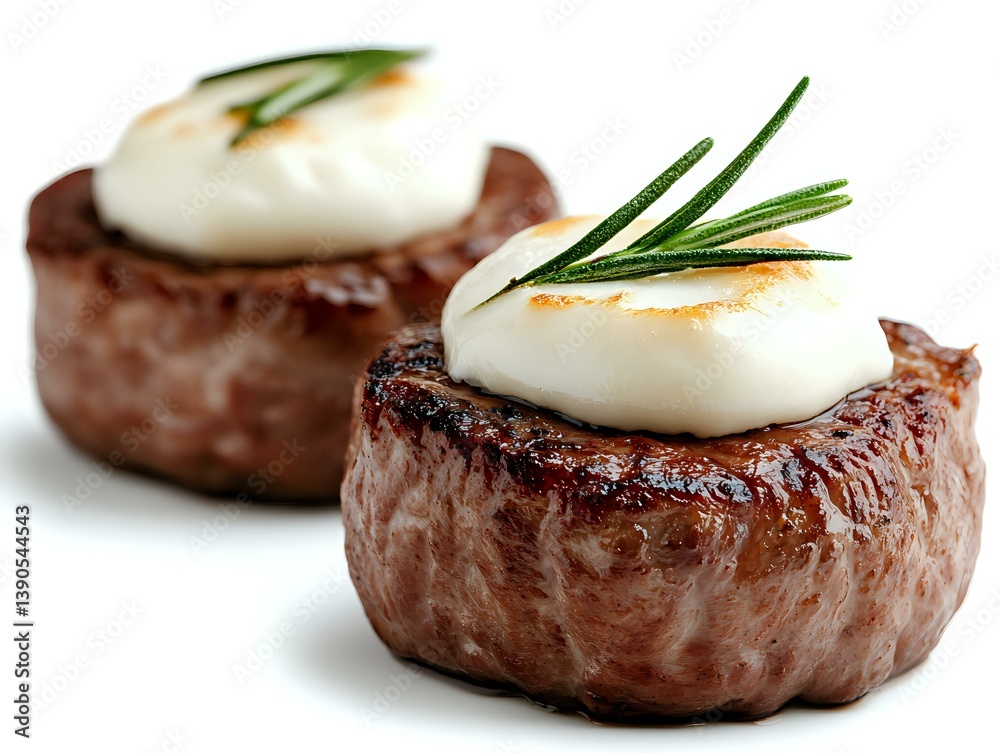 Grilled beef tenderloin medallions topped with poached eggs and fresh rosemary garnish on white background, close-up view showing juicy meat texture.