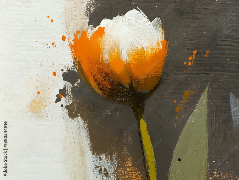 Orange tulip flower painted in expressive brushstrokes with splashes and drips against neutral background, contemporary artistic style with bold contrast.