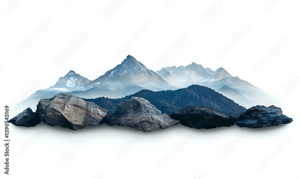 Majestic mountain range silhouette with snow-capped peaks and misty valleys against white background, isolated design element for creative projects.