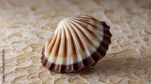 A chocolate candy in the shape of a shell is presented.