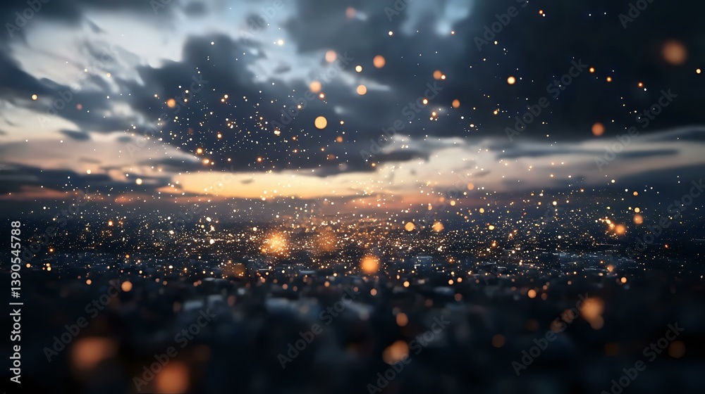 Dramatic sunset cityscape with glowing bokeh particles floating in dark moody sky, creating magical atmosphere for background and wallpaper designs.