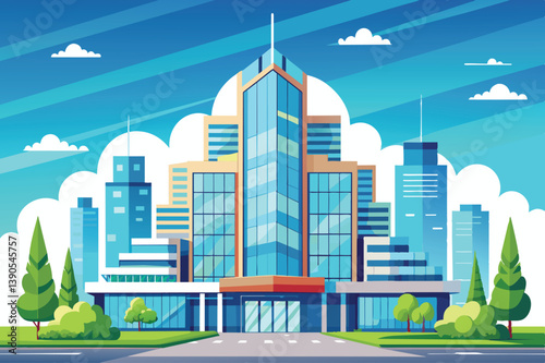 A bustling city skyline features tall skyscrapers surrounded by greenery and a clear blue sky with clouds, showcasing contemporary architectural design and urban growth.