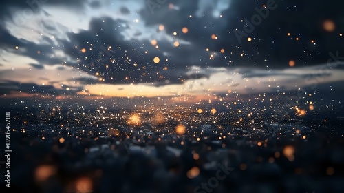 Obraz na płótnie Dramatic sunset cityscape with glowing bokeh particles floating in dark moody sky, creating magical atmosphere for background and wallpaper designs. w salonie